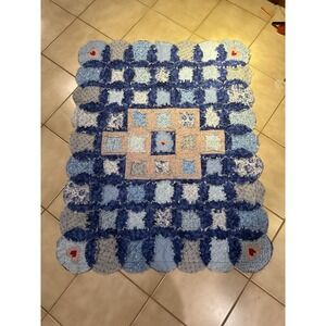 Handmade Quilt W/Blue Patchwork And Heart Accents Scalloped Edge Frayed 46"x37"